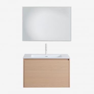 Suspended Wooden Bathroom Furniture Set With Integrated Jacob Sink Natural Wood & Rectangular Led And Anti-fog 100x70 Cm Riben & White ↑20 - Sklum