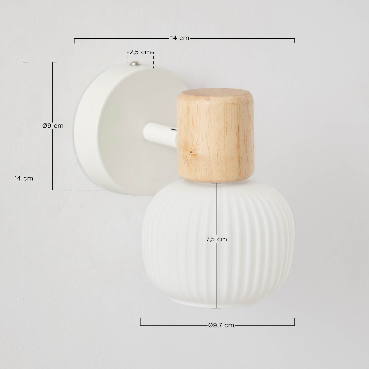 Ekaizy wall lamp in iron, rubber wood and glass, MEASURES