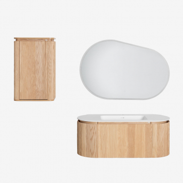 Suspended Wooden Bathroom Furniture Set With Integrated Carsone Sink Natural Wood & Natural Wood & Oval Led And Anti-fog 120x80 Cm Riben & Without -