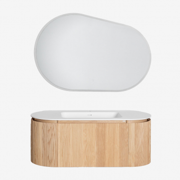 Carsone Wooden Bathroom Furniture Set With Integrated Washbasin Natural Wood & Without Auxiliary Unit & Oval Led And Anti-fog 120x80 Cm Meunier & -