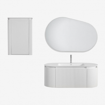 Carsone Wooden Bathroom Furniture Set With Integrated Washbasin White & White & Oval Led And Anti-fog 120x80 Cm Meunier & Brass ↑20 Cm - Sklum