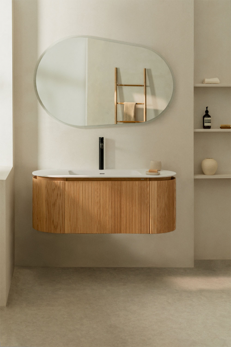 Suspended wooden bathroom furniture set with integrated Carsone sink - Natural Wood