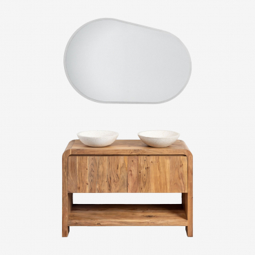 Vacry Acacia Wood Bathroom Furniture Set Acacia Brown & 2 X Round White Cement Ø40 Cm Zavion & Oval Led And Anti-fog 120x80 Cm Meunier & Without -