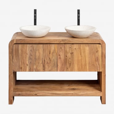 Vacry Acacia Wood Bathroom Furniture Set Acacia Brown & 2 X Round White Cement Ø40 Cm Zavion & Mirrorless & 2 X Black ↑30 Cm With - Sklum