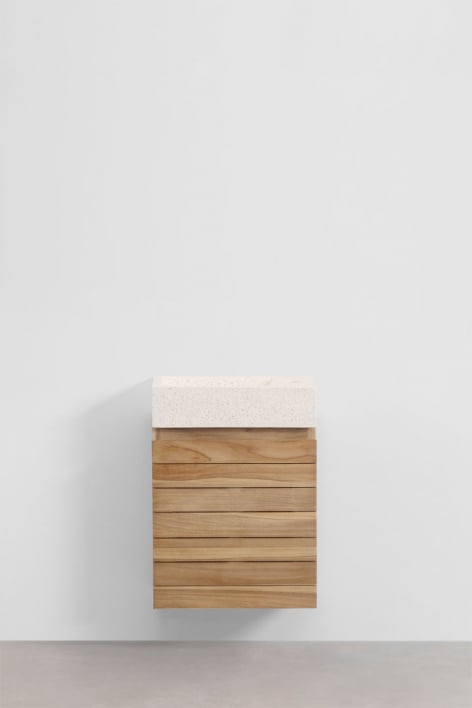 Suspended teak wood bathroom furniture set with integrated Napier cement sink - teak wood