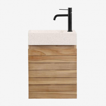 Bathroom Furniture Set In Teak Wood With Integrated Napier Cement Washbasin Teak Wood & Mirrorless & Black ↑20 Cm With Drain Valve - Sklum
