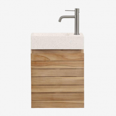 Bathroom Furniture Set In Teak Wood With Integrated Napier Cement Washbasin Teak Wood & Mirrorless & Brass ↑20 Cm With Drain Valve - Sklum