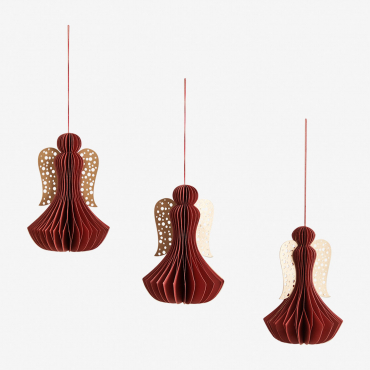 Pack Of 3 Christmas Decorations In Ceriba Paper Garnet Red - Sklum