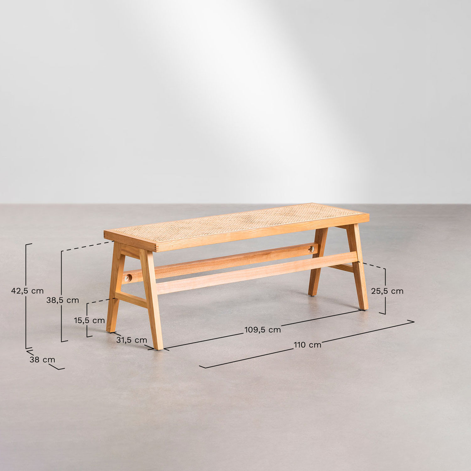 Ash wood and rattan bench Lali, MEASURES