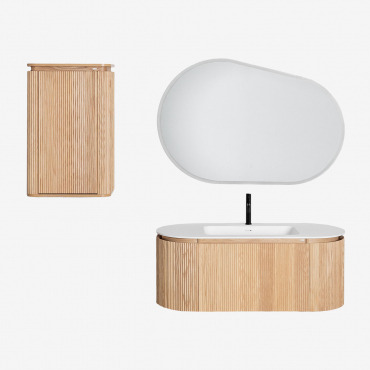 Carsone Wooden Bathroom Furniture Set With Integrated Washbasin Natural Wood & Natural Wood & Oval Led And Anti-fog 120x80 Cm Meunier & Black - Sklum
