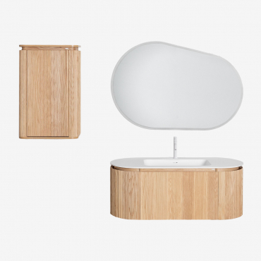 Carsone Wooden Bathroom Furniture Set With Integrated Washbasin Natural Wood & Natural Wood & Oval Led And Anti-fog 120x80 Cm Riben & White - Sklum