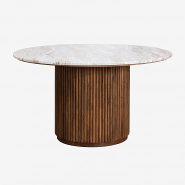 Giselda Round Dining Table In Natural Stone And Mango Wood Brown Marble Toronto & Ø140 Cm - Sklum