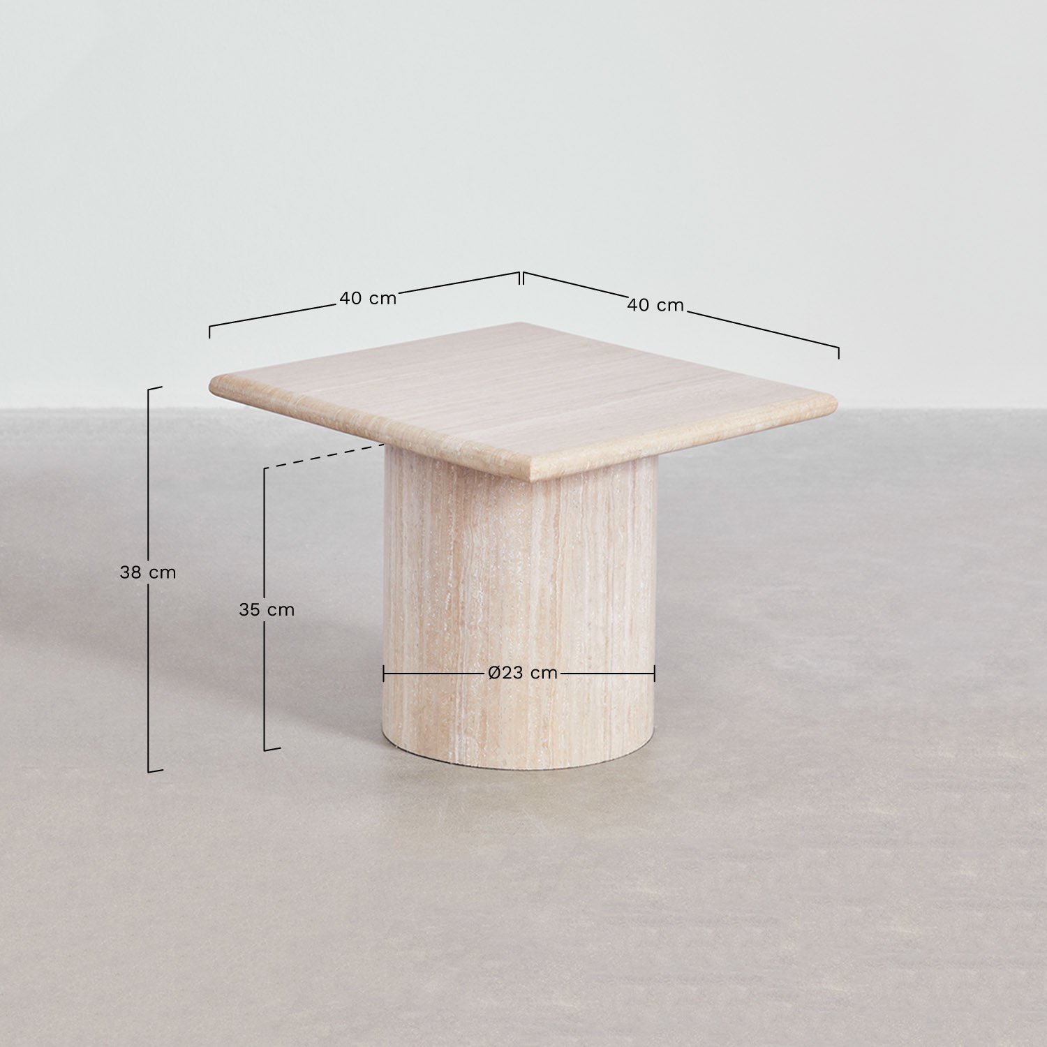 Square bedside table in Lausanne travertine, MEASURES