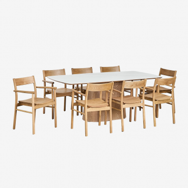 Aura Ceramic Veneer Table Set (200x100 Cm) And 8 Mireita Oak Dining Chairs With Armrests Ceramics - Sklum