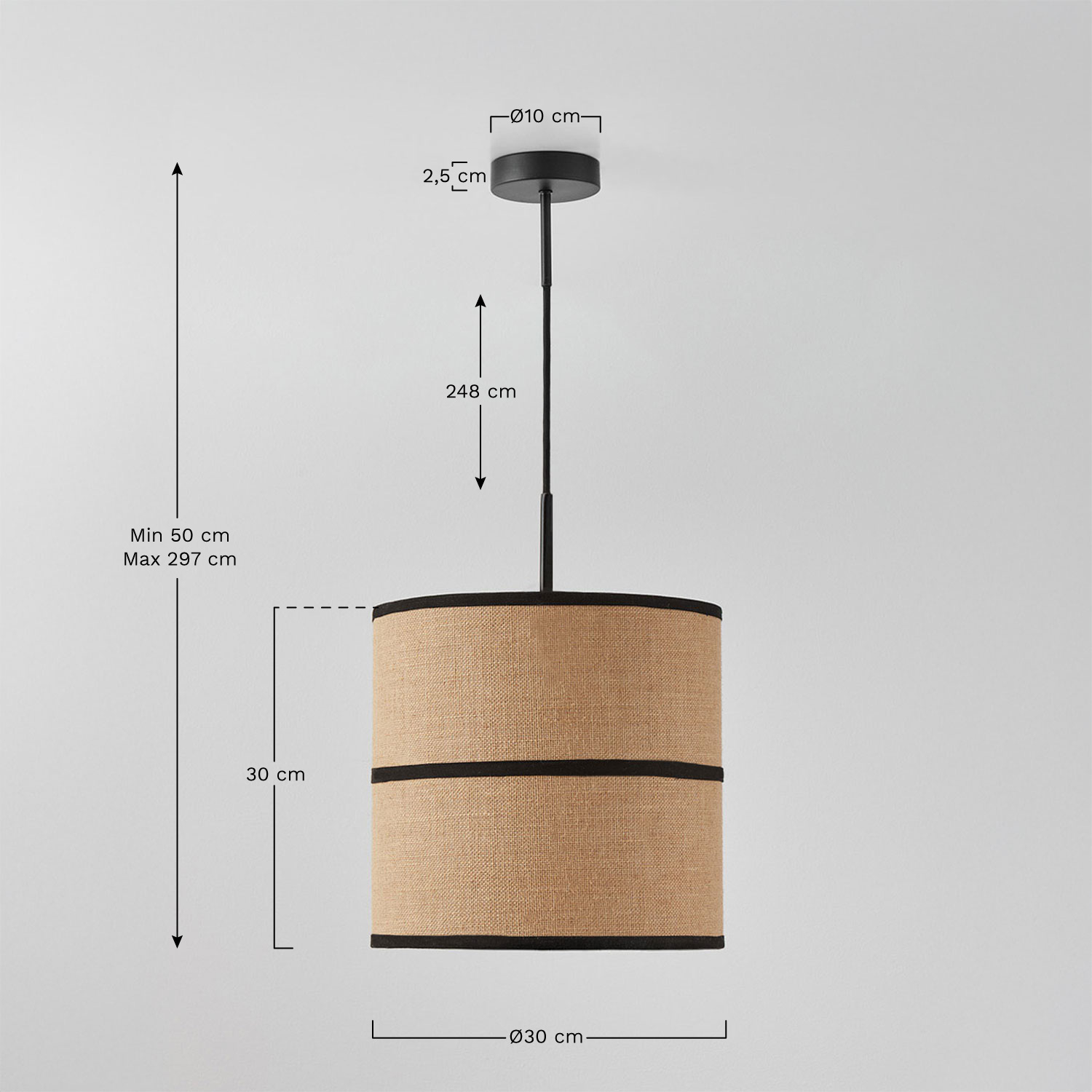 Olinda hanging ceiling lamp in jute and cotton, MEASURES