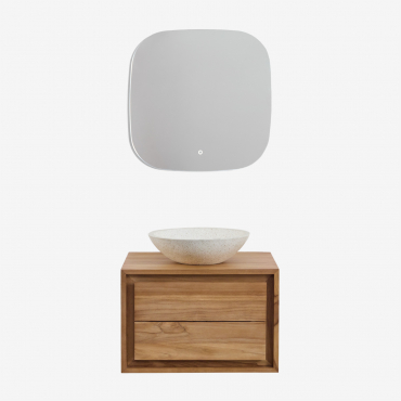 Jabari Teak Wood Bathroom Furniture Set Teak Wood & Round Cement White Ø40 Cm Zavion & Square Led And Anti-fogging 75x75 Cm Tobie & Without Tap -