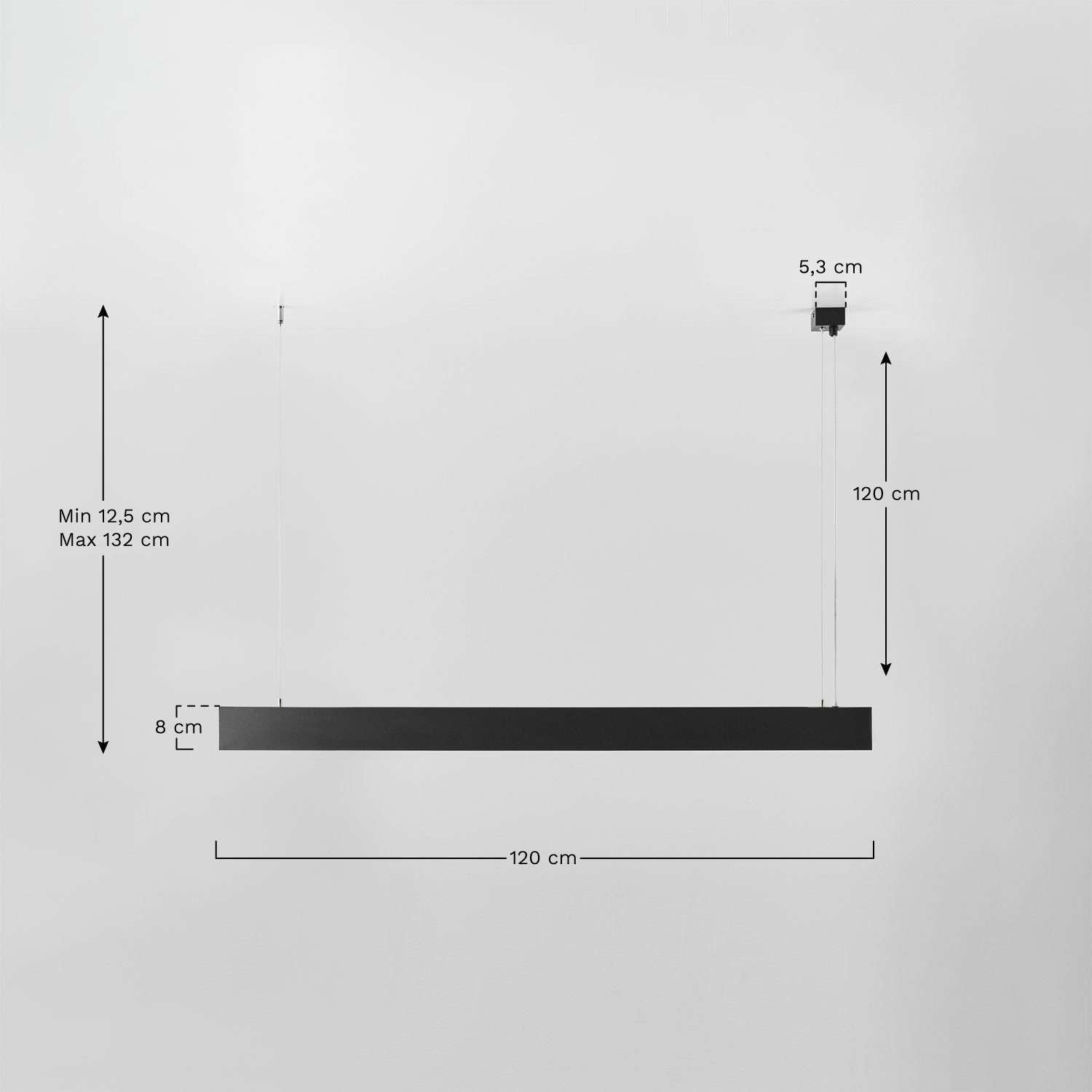 Jiva LED linear ceiling lamp in aluminium (120 cm), MEASURES