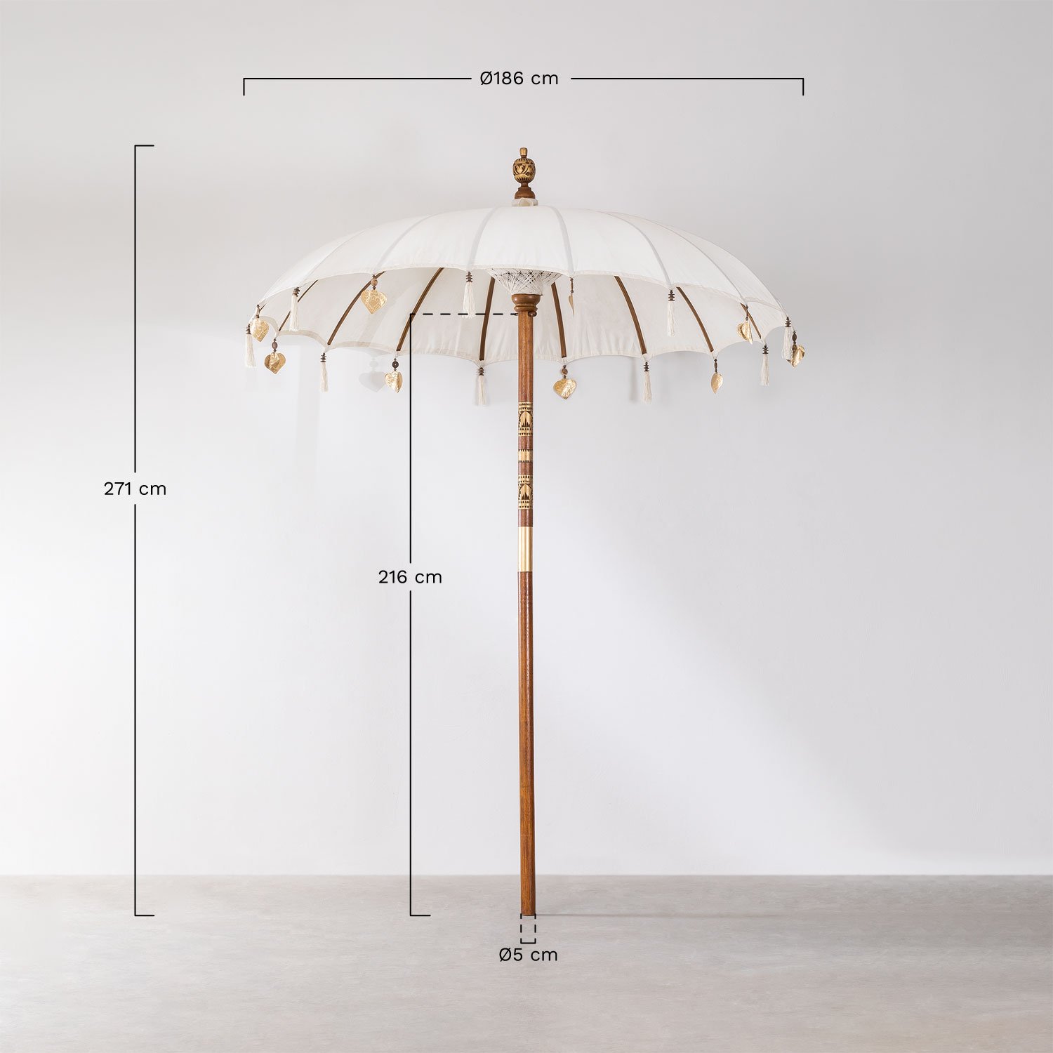 Parasol Ø186 cm in fabric and wood Manavai, MEASURES