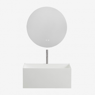 Suspended Resin Bathroom Furniture Set With Integrated Sink And Led Light Nerine White & Round Led And Antifog Ø70 Cm Riben & Brushed - Sklum