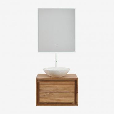 Jabari Teak Wood Bathroom Furniture Set Teak Wood & Round Cement White Ø40 Cm Zavion & Rectangular Led And Anti Fog 60x70 Cm Tamsin & - Sklum