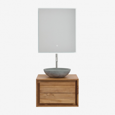 Jabari Teak Wood Bathroom Furniture Set Teak Wood & Round Grey Cement Ø40 Cm Tarsis & Rectangular Led And Anti Fog 60x70 Cm Tamsin & - Sklum