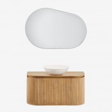 Analis Suspended Bathroom Furniture Set In Mango Wood Mango Wood & Round Cement White Ø40 Cm Zavion & Oval Led And Anti-fog 100x80 Cm Riben & - Sklum