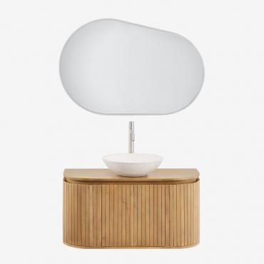 Analis Suspended Bathroom Furniture Set In Mango Wood Natural Wood & Round Cement White Ø40 Cm Zavion & Oval Led And Anti-fog 100x80 Cm Riben - Sklum