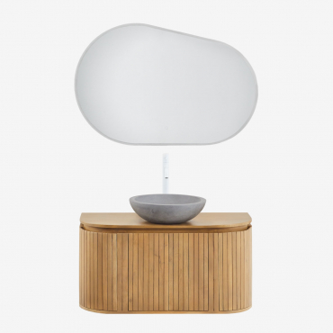 Analis Mango Wood Bathroom Furniture Set Natural Wood & Round Grey Cement Ø40 Cm Tarsis & Oval Led And Anti-fog 100x80 Cm Riben & White - Sklum