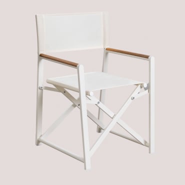 Pack Of 4 Folding Director Chairs For Garden In Aluminum And Teak Wood Jordana Gardenia White - Sklum