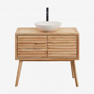 Deleyna Wooden Bathroom Furniture Set Natural Wood & Round Cement White Ø40 Cm Zavion & Mirrorless & Black ↑30 Cm With Drain - Sklum