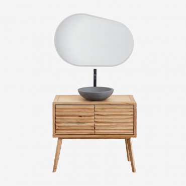 Deleyna Wooden Bathroom Furniture Set Natural Wood & Round Grey Cement Ø40 Cm Tarsis & Oval Led And Anti-fog 100x80 Cm Riben & Black - Sklum