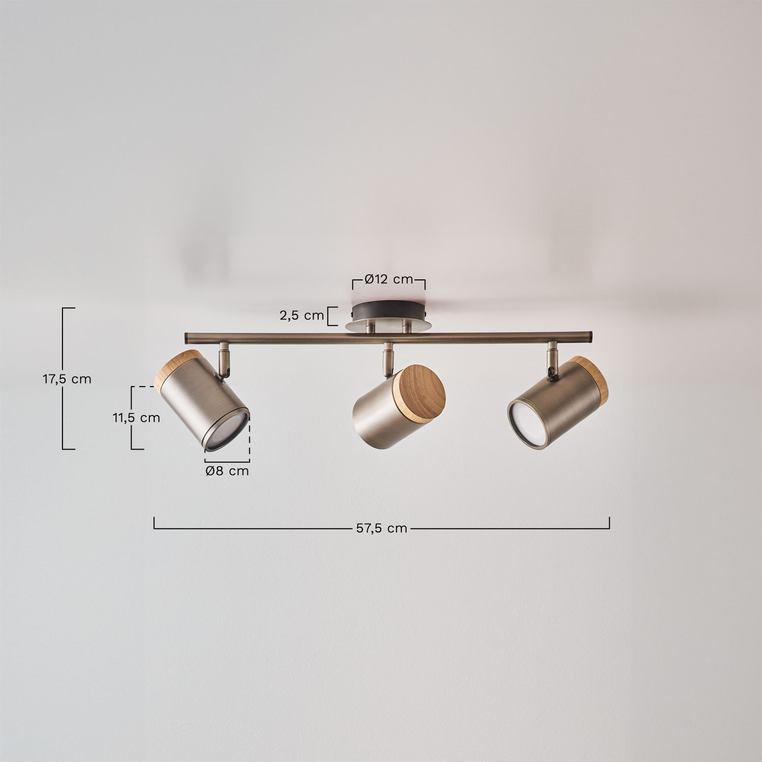Directional ceiling lamp with 3 light points in Amaranto iron, MEASURES