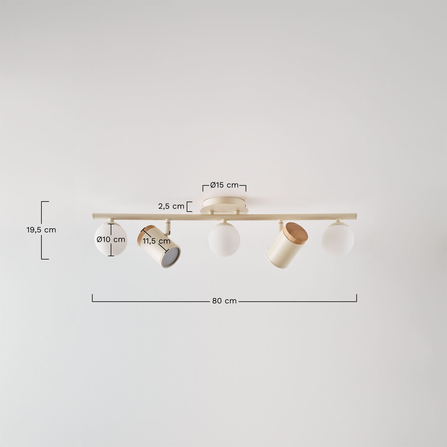 Directional ceiling lamp with 5 light points in Amaranto iron, MEASURES