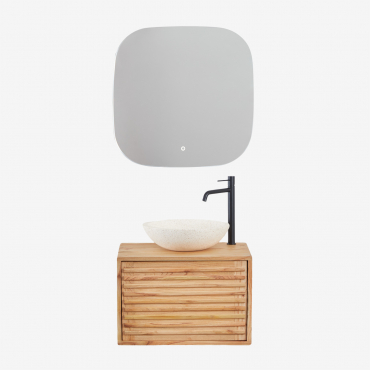 Deleyna Suspended Wooden Bathroom Furniture Set Natural Wood & Round Cement White Ø40 Cm Zavion & Square Led And Anti-fogging 75x75 Cm - Sklum