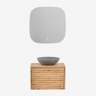 Deleyna Suspended Wooden Bathroom Furniture Set Natural Wood & Round Grey Cement Ø40 Cm Tarsis & Square Led And Anti-fogging 75x75 Cm Riben & - Sklum