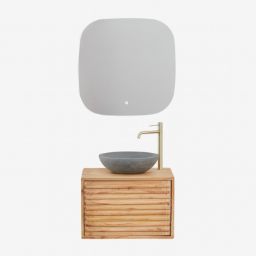 Deleyna Suspended Wooden Bathroom Furniture Set Natural Wood & Round Grey Cement Ø40 Cm Tarsis & Square Led And Anti-fogging 75x75 Cm - Sklum