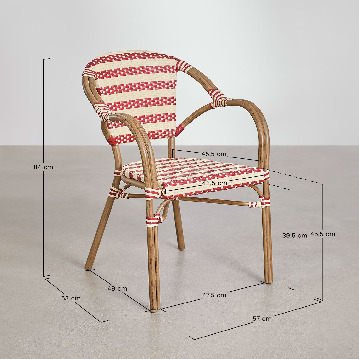 Pack of 2 stackable garden chairs with armrests in synthetic rattan and aluminum Solange Bistro, MEASURES