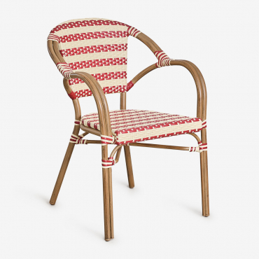 Solange Bistro Stackable Dining Chair With Armrests In Synthetic Rattan And Aluminum Beige Cream - Burgundy Red - Sklum