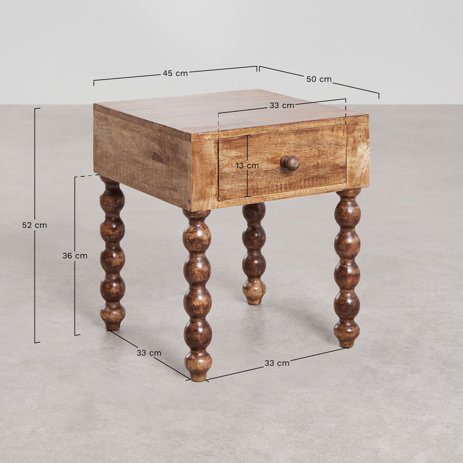 Rectangular bedside table 45x50 cm in Tessaia mango wood, MEASURES