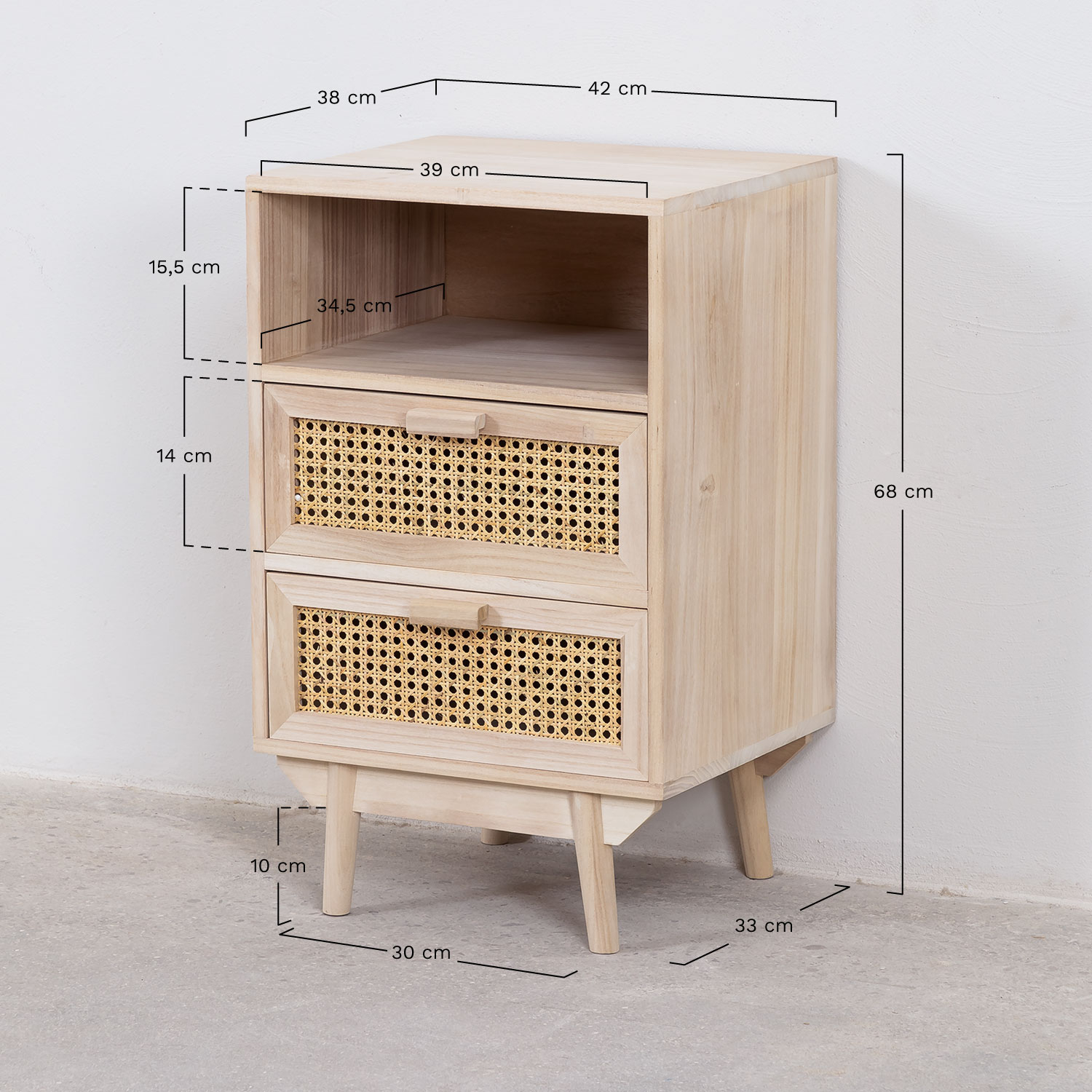 Pack of 2 Ralik wooden bedside tables with storage, MEASURES