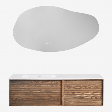 Solea Suspended Wooden Bathroom Furniture Set With Integrated Sink Brown Ash & Irregular Led And Anti-fog 140x75 Cm Riben & Without Tap - Sklum