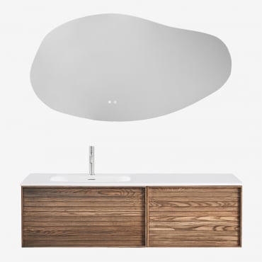 Wooden Bathroom Furniture Set With Integrated Washbasin Solea Natural Wood & Irregular Led And Anti-fog 140x75 Cm Riben & Brushed Grey ↑20 - Sklum