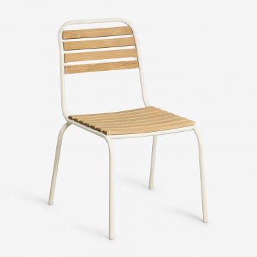 Pack Of 4 Stackable Garden Chairs In Steel And Acacia Wood Artus Gardenia White - Sklum