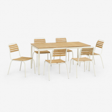 Rectangular Table Set 160x90 Cm And 6 Stackable Garden Chairs In Steel And Acacia Wood Artus Gardenia White - Sklum