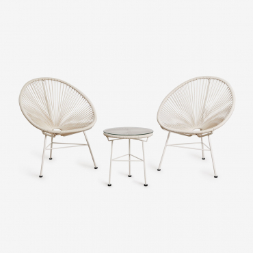 Lounge Set With 2 Armchairs And Side Table In Steel And Synthetic Wicker New Acapulco Tapioca Beige - Sklum