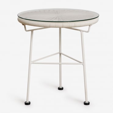 Round Ø45 Cm Garden Side Table In Steel And Synthetic Rattan Acapulco Tapioca Beige - Sklum