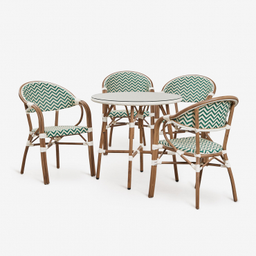 Brielle Bistro Round Table Set, Ø80 Cm, And 4 Stackable Aluminum Dining Chairs With Armrests. Green Kale - Gardenia White - Sklum