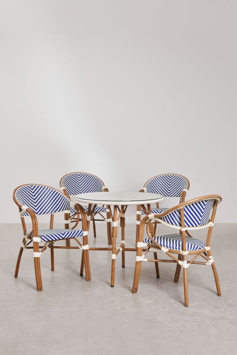 Brielle Bistro round table set, Ø80 cm, and 4 stackable aluminum dining chairs with armrests. - Ken Blue - Gardenia White