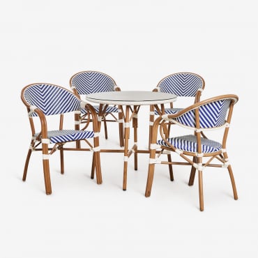 Brielle Bistro Round Table Set, Ø80 Cm, And 4 Stackable Aluminum Dining Chairs With Armrests. Ken Blue - Gardenia White - Sklum