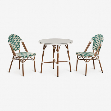 Brielle Bistro Round Table Set Ø80 Cm And 2 Stackable Garden Chairs In Aluminium And Synthetic Rattan Green Kale - Gardenia White - Sklum